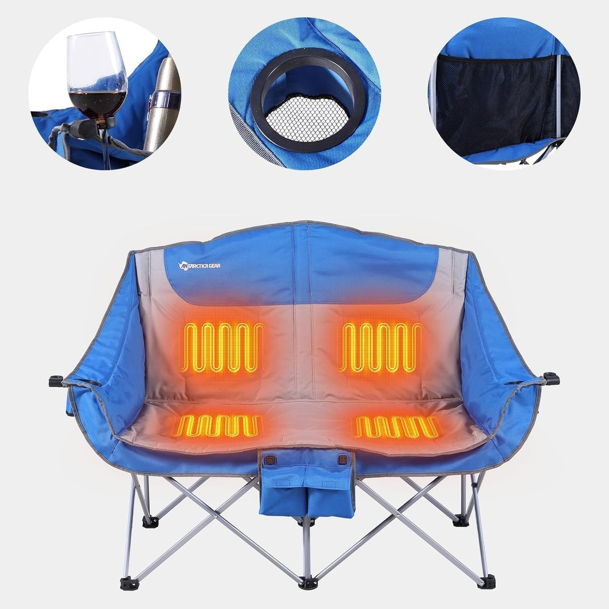 Foldable Double Collapsible Camping Chair with Heated Battery Pack and Cup Holder