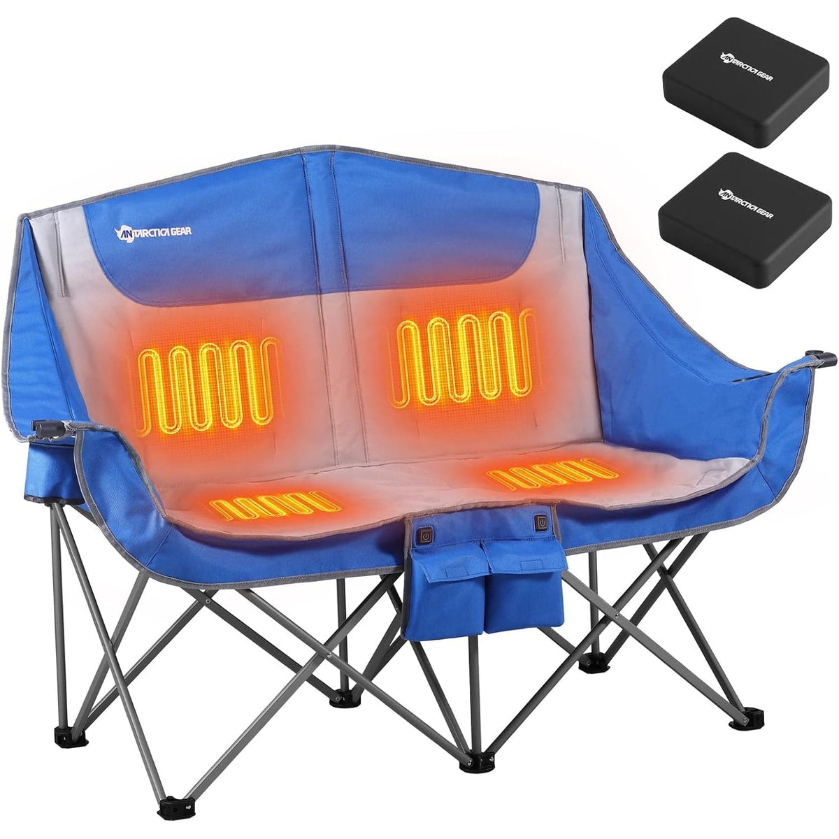 Foldable Double Collapsible Camping Chair with Heated Battery Pack and Cup Holder