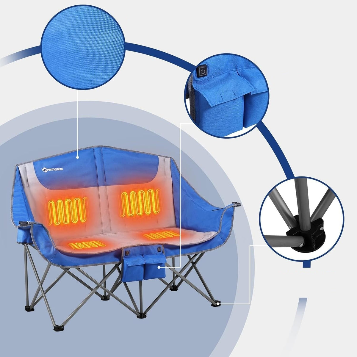 Foldable Double Collapsible Camping Chair with Heated Battery Pack and Cup Holder
