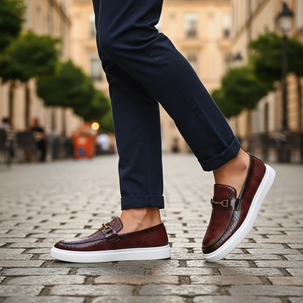 Men's Textured Loafers with Metal Bit Detail