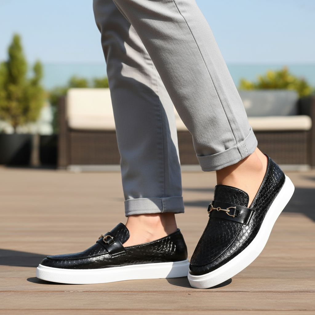 Men's Textured Loafers with Metal Bit Detail