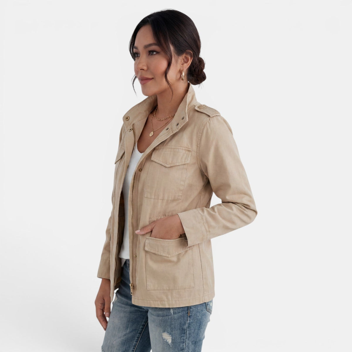 Women’s Cotton Utility Jacket with Multiple Pockets
