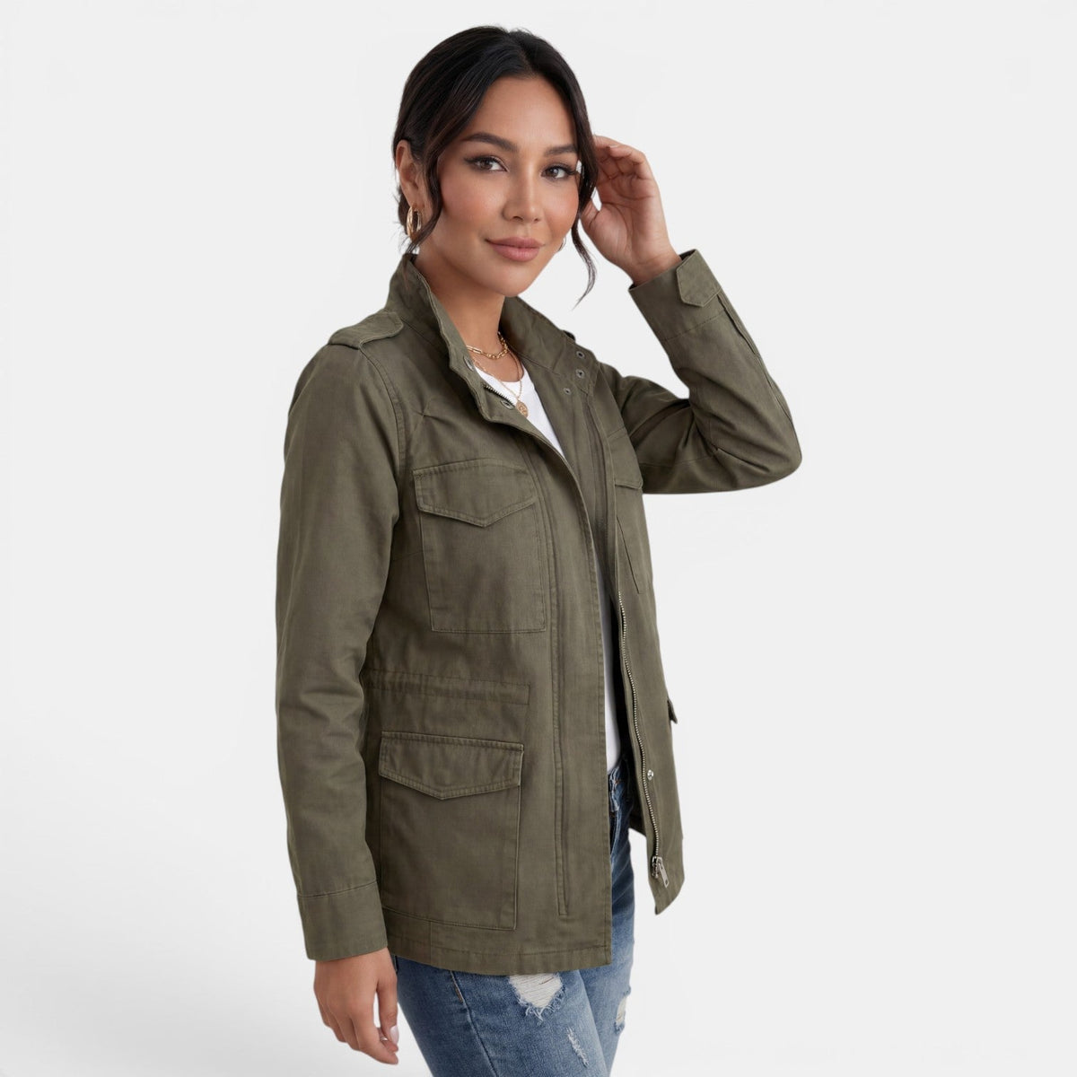Women’s Cotton Utility Jacket with Multiple Pockets