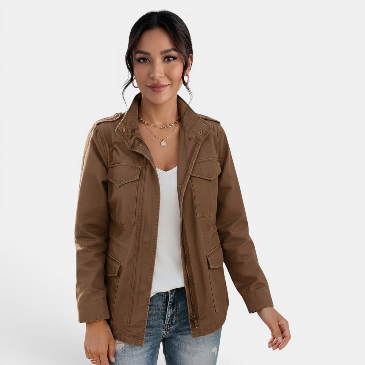 Women’s Cotton Utility Jacket with Multiple Pockets