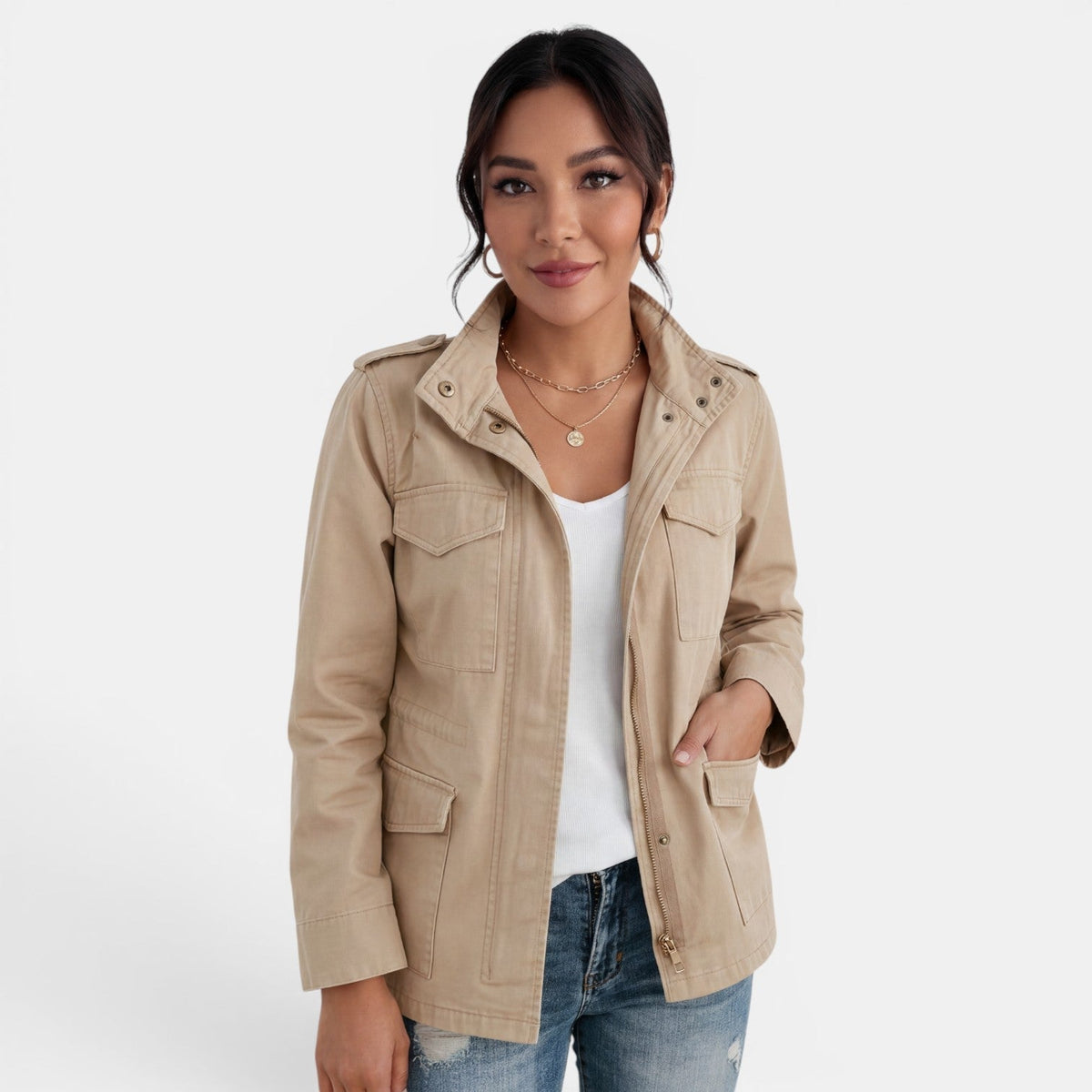 Women’s Cotton Utility Jacket with Multiple Pockets