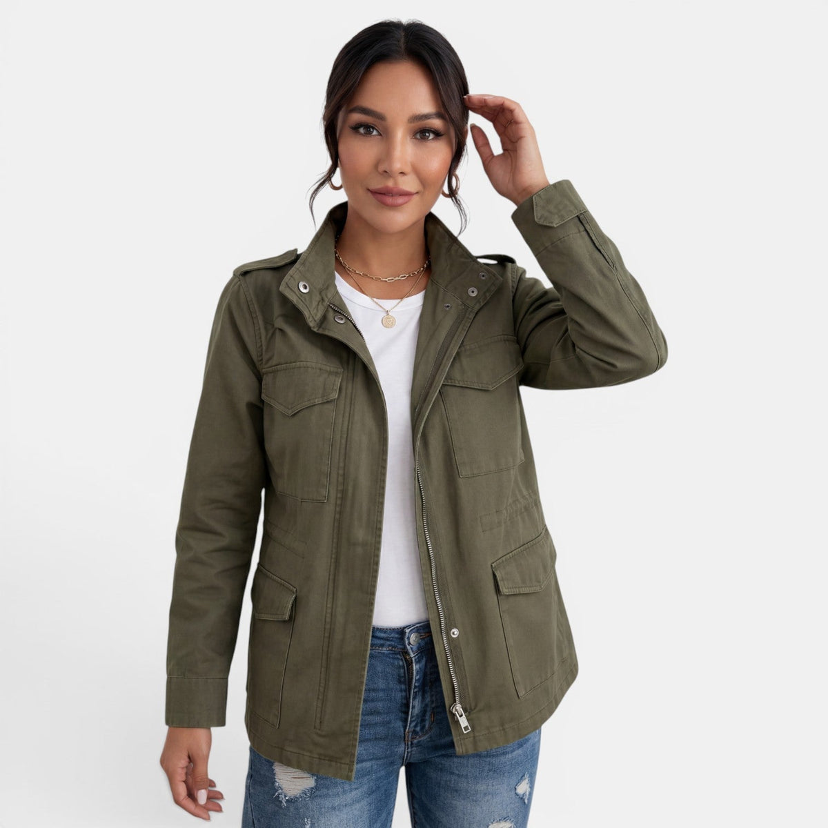 Women’s Cotton Utility Jacket with Multiple Pockets