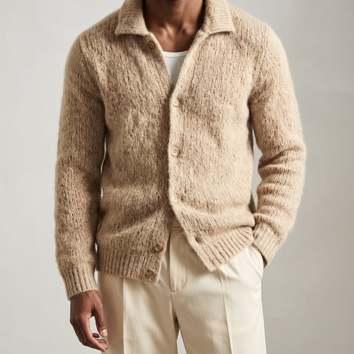 Fuzzy Collared Cardigan Sweater – Button Front, Patch Pockets & Ribbed Cuffs | Casimir