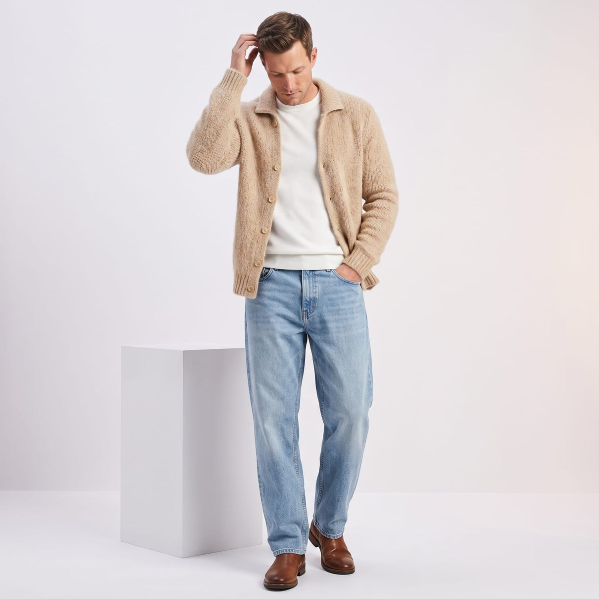 Fuzzy Collared Cardigan Sweater – Button Front, Patch Pockets & Ribbed Cuffs | Casimir