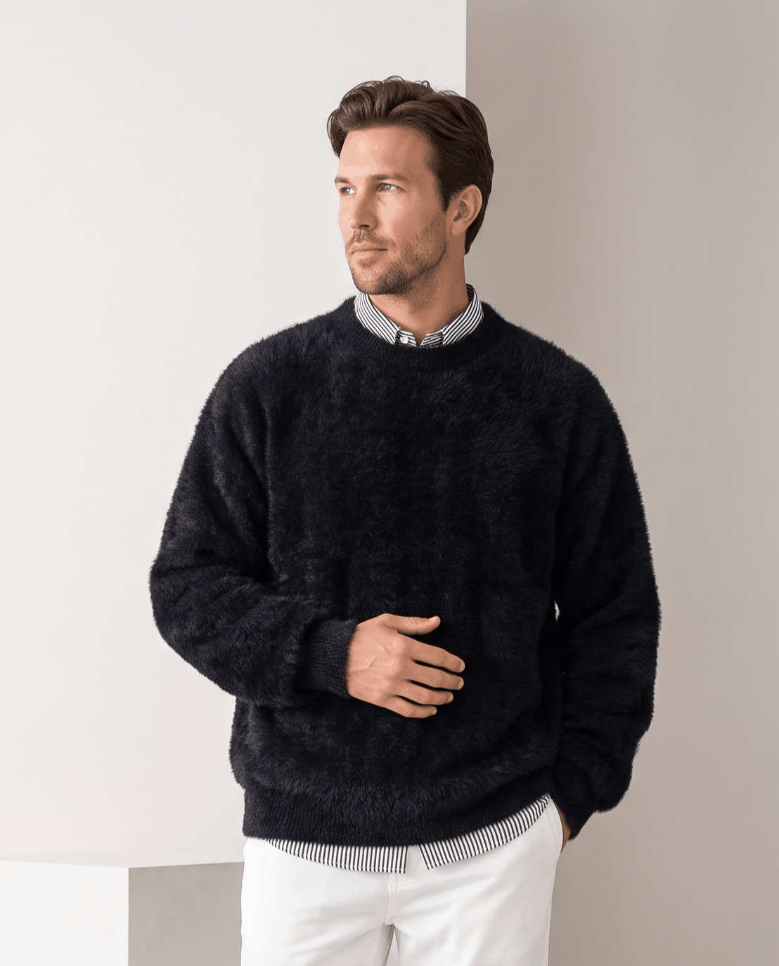 Fuzzy Crew Neck Pullover Sweater – Long Sleeve, Oversized Fit & Ribbed Trim | Soren