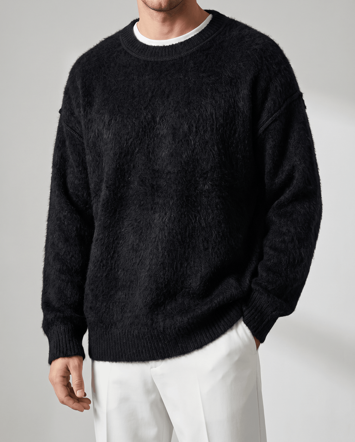 Fuzzy Crew Neck Pullover Sweater – Long Sleeve, Oversized Fit & Ribbed Trim | Soren