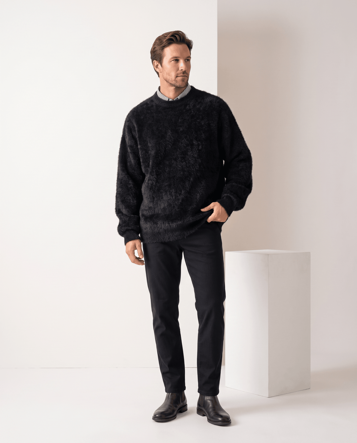 Fuzzy Crew Neck Pullover Sweater – Long Sleeve, Oversized Fit & Ribbed Trim | Soren