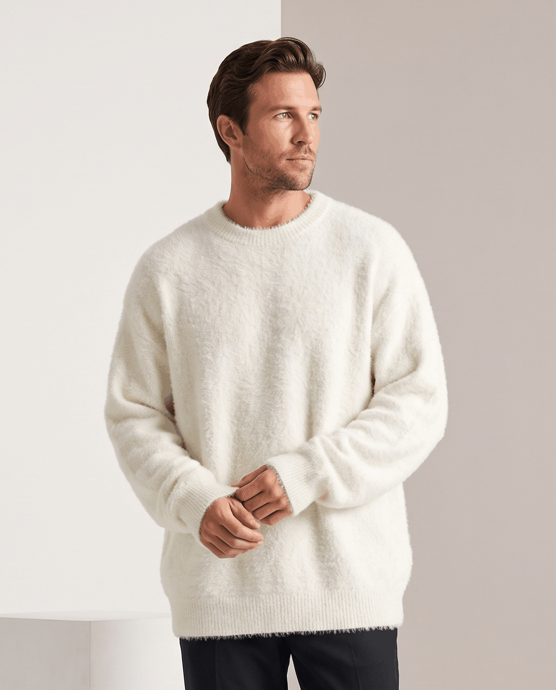 Fuzzy Crew Neck Pullover Sweater – Long Sleeve, Oversized Fit & Ribbed Trim | Soren
