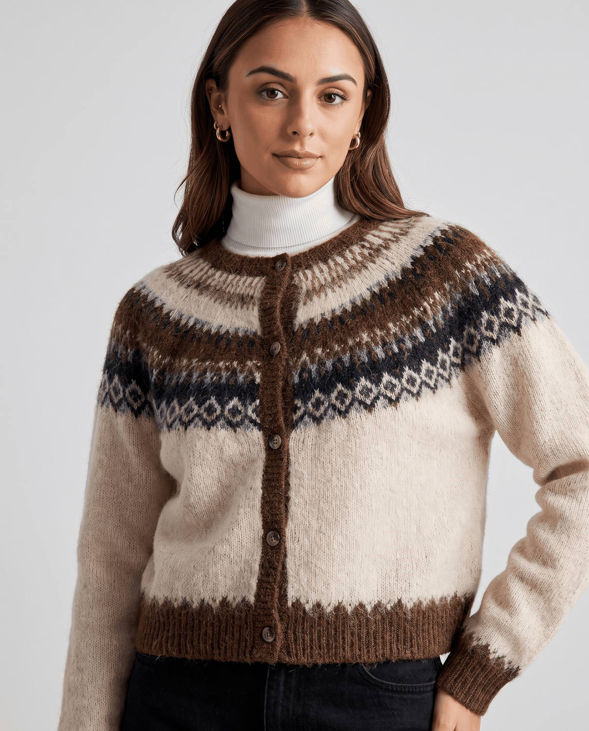Fuzzy Fair Isle Cardigan Sweater – Nordic Yoke, Crew Neck & Button Front | Sigrid