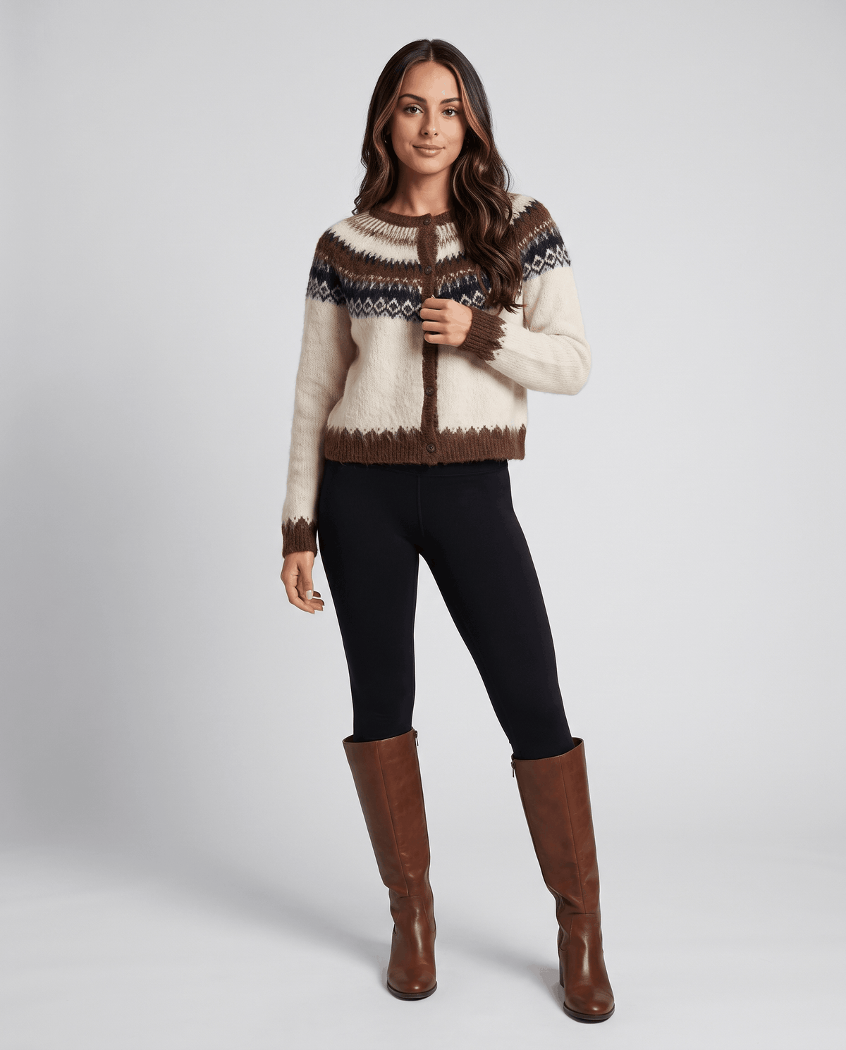 Fuzzy Fair Isle Cardigan Sweater – Nordic Yoke, Crew Neck & Button Front | Sigrid