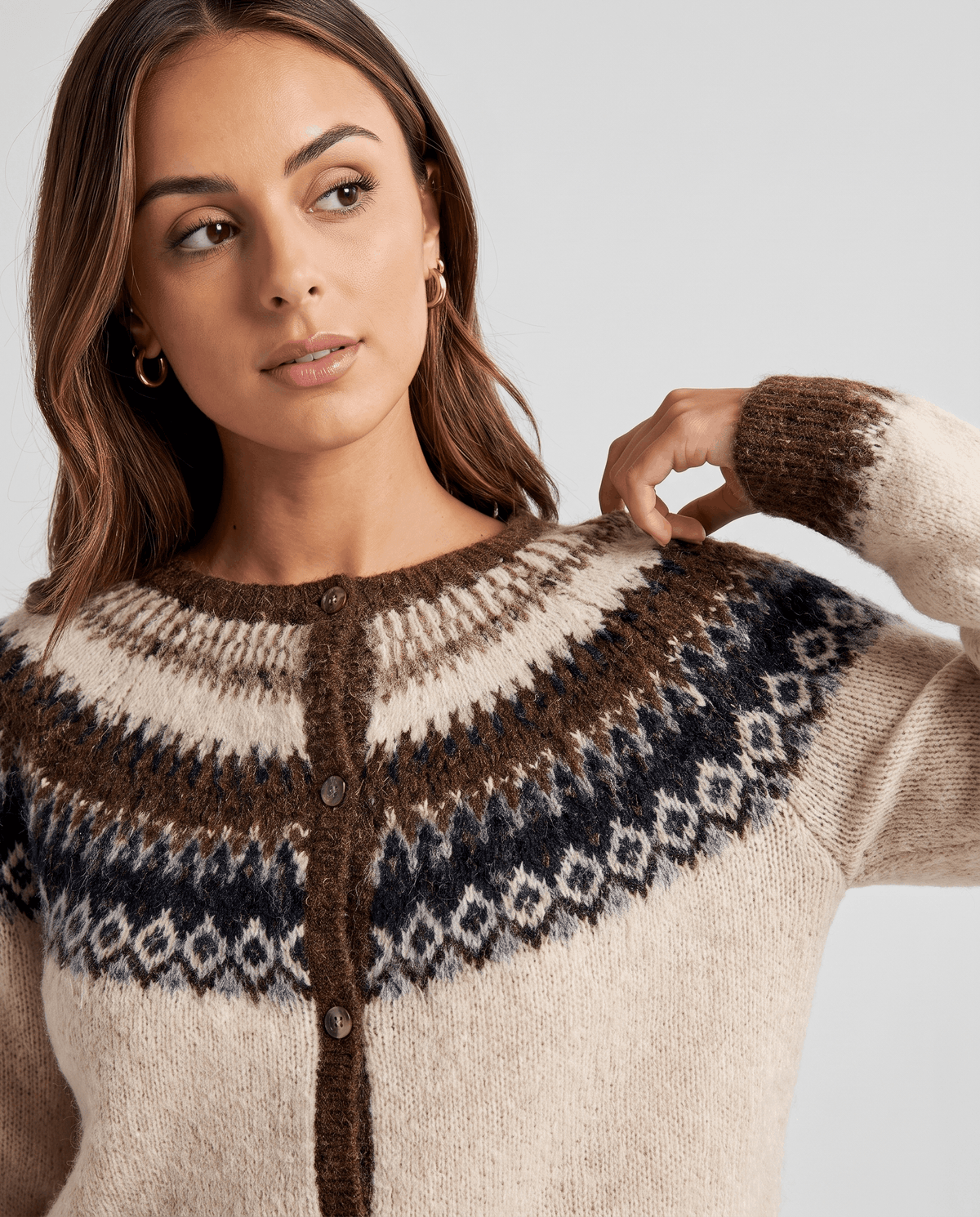 Fuzzy Fair Isle Cardigan Sweater – Nordic Yoke, Crew Neck & Button Front | Sigrid