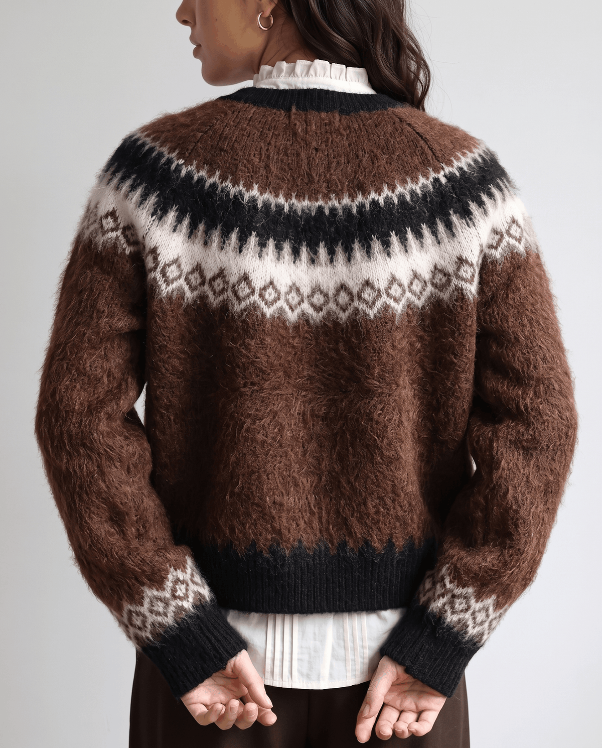Fuzzy Fair Isle Cardigan Sweater – Nordic Yoke, Crew Neck & Button Front | Sigrid