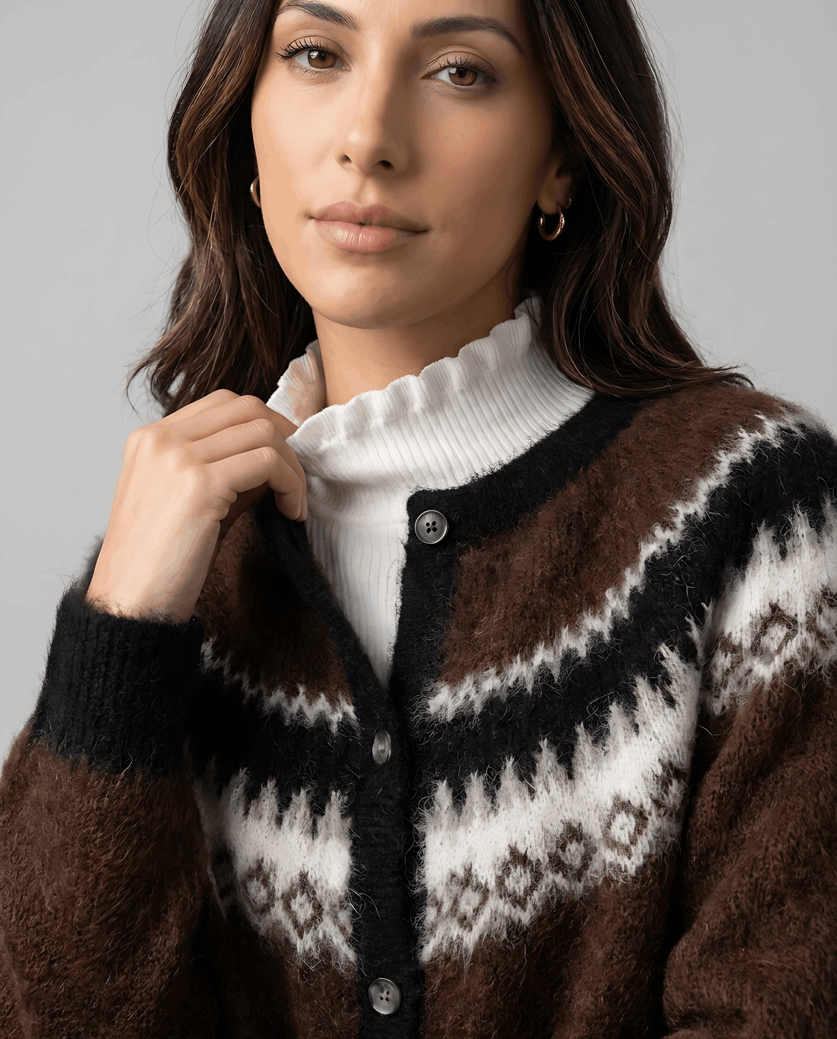 Fuzzy Fair Isle Cardigan Sweater – Nordic Yoke, Crew Neck & Button Front | Sigrid