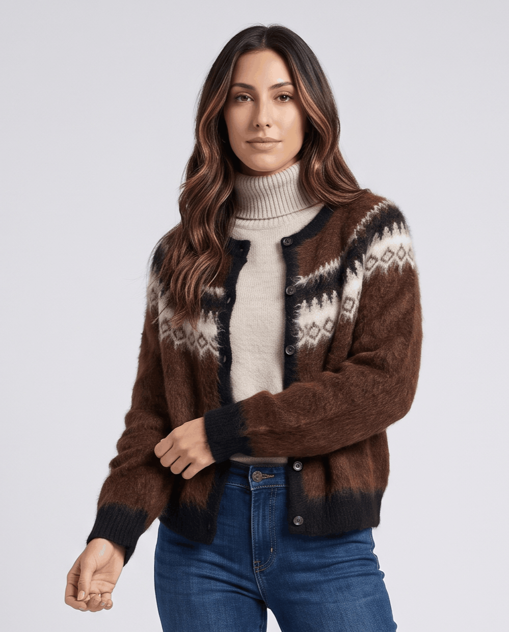 Fuzzy Fair Isle Cardigan Sweater – Nordic Yoke, Crew Neck & Button Front | Sigrid