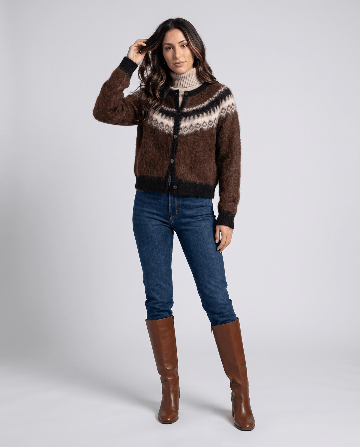 Fuzzy Fair Isle Cardigan Sweater – Nordic Yoke, Crew Neck & Button Front | Sigrid