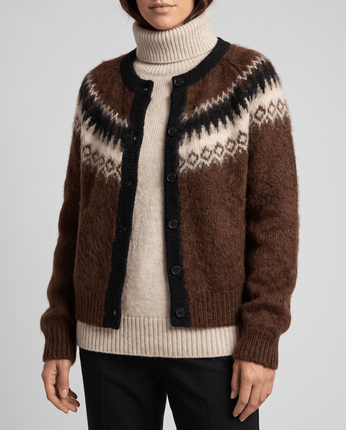 Fuzzy Fair Isle Cardigan Sweater – Nordic Yoke, Crew Neck & Button Front | Sigrid