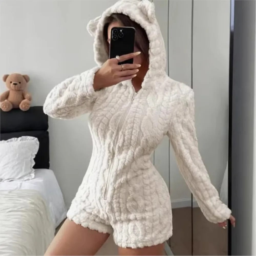 Fuzzy Hooded Romper with Teddy Bear Patch and Cable Knit Texture