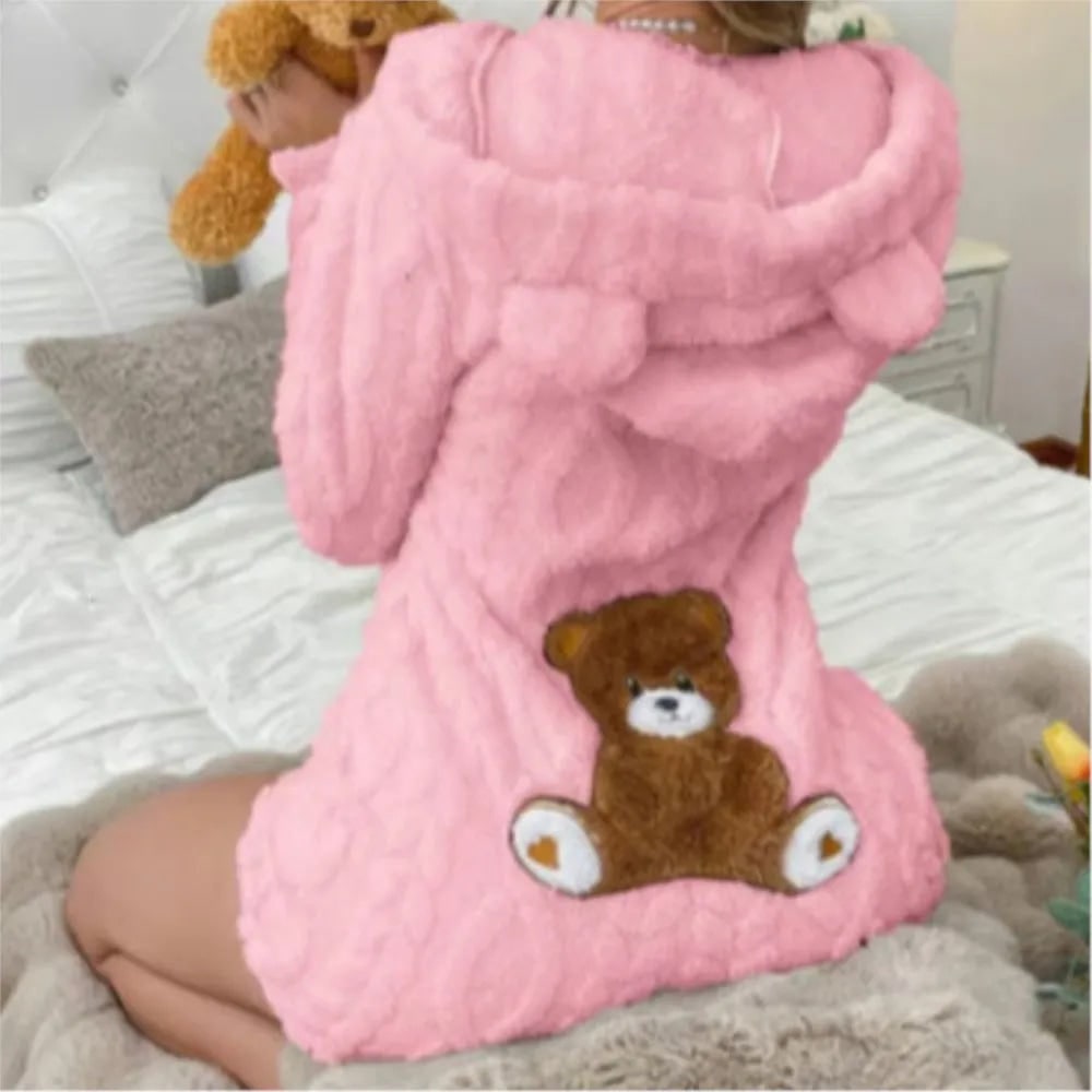 Fuzzy Hooded Romper with Teddy Bear Patch and Cable Knit Texture