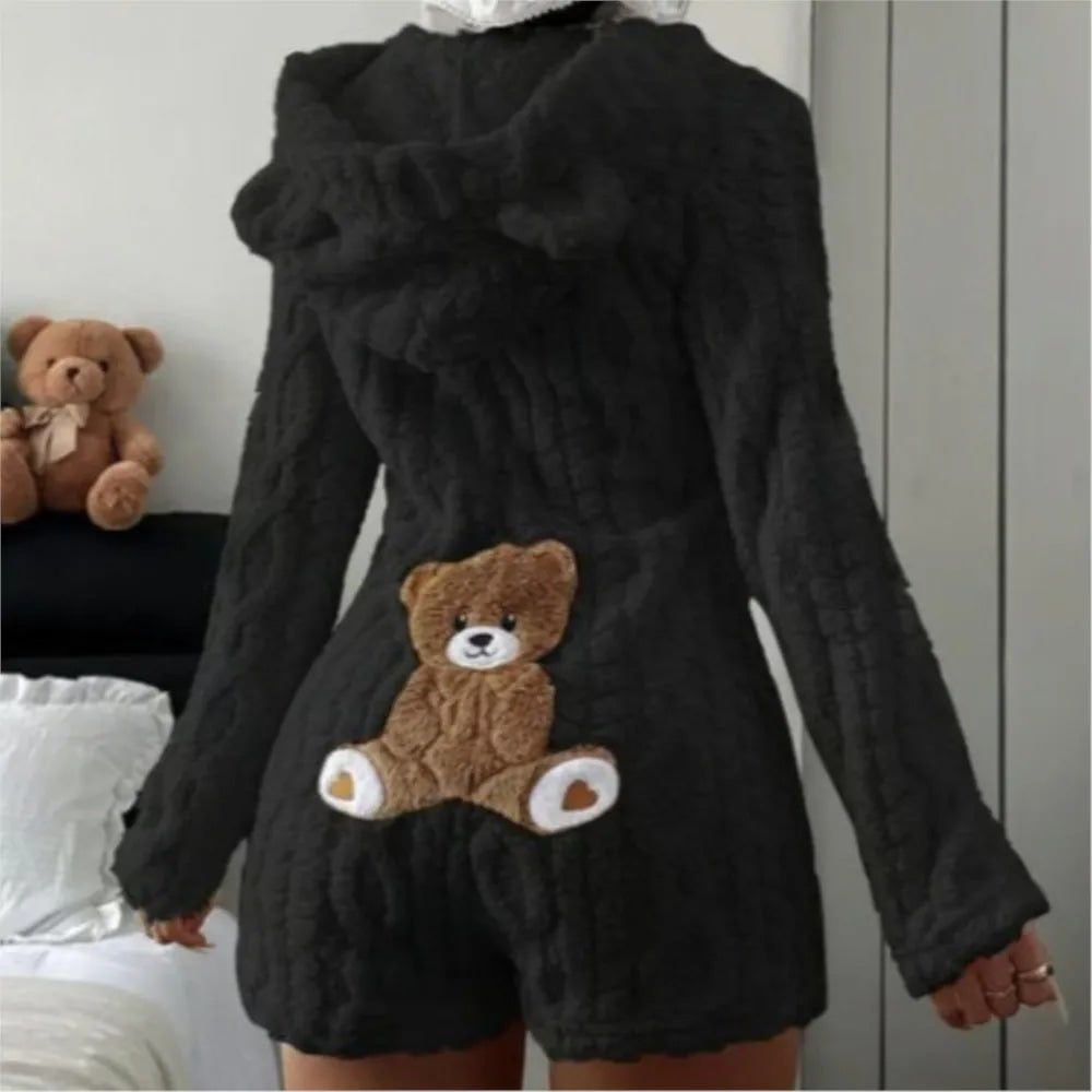 Fuzzy Hooded Romper with Teddy Bear Patch and Cable Knit Texture