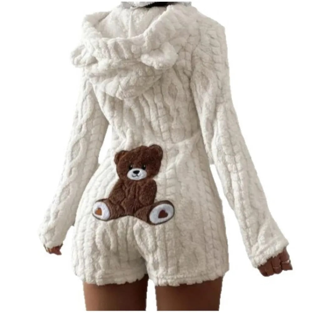 Fuzzy Hooded Romper with Teddy Bear Patch and Cable Knit Texture