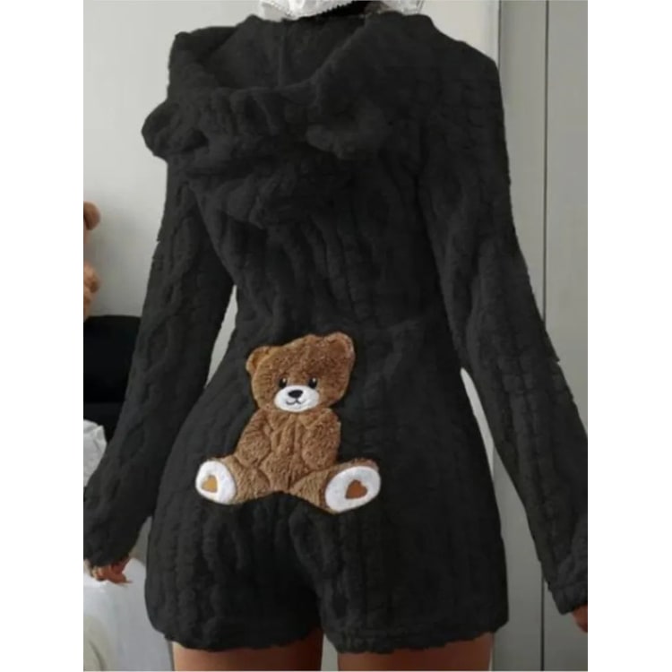 Fuzzy Hooded Romper with Teddy Bear Patch and Cable Knit Texture