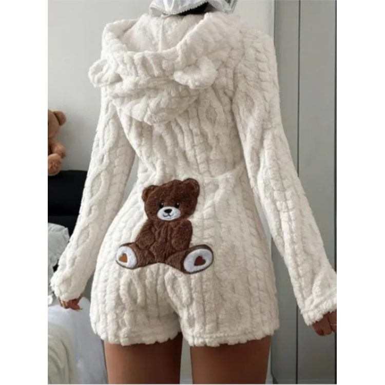 Fuzzy Hooded Romper with Teddy Bear Patch and Cable Knit Texture