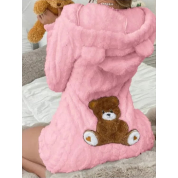 Fuzzy Hooded Romper with Teddy Bear Patch and Cable Knit Texture