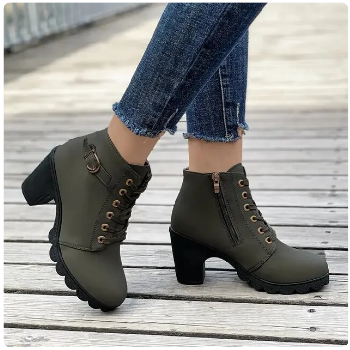Women's Lace-Up Ankle Boots with Block Heel and Side Zip