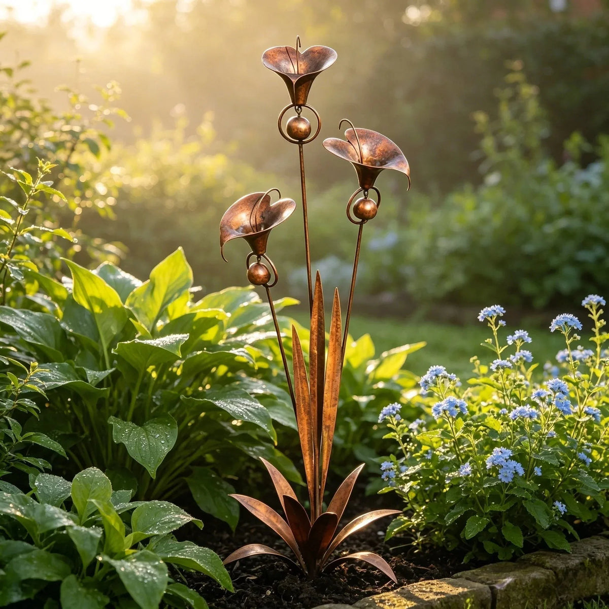 Garden Stake | Calla Lily Design, Flame-Treated Copper & Hanging Bells | 120 cm