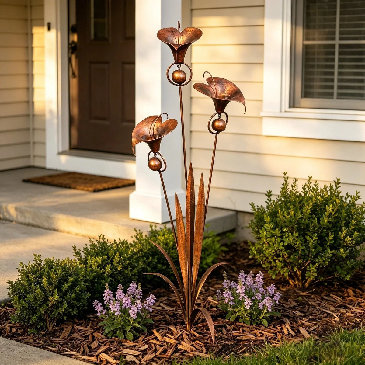 Garden Stake | Calla Lily Design, Flame-Treated Copper & Hanging Bells | 120 cm