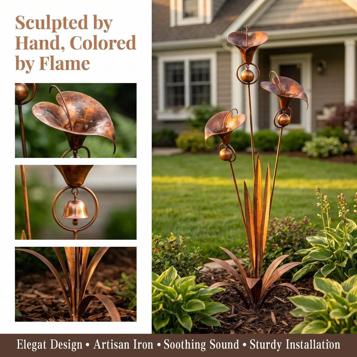 Garden Stake | Calla Lily Design, Flame-Treated Copper & Hanging Bells | 120 cm