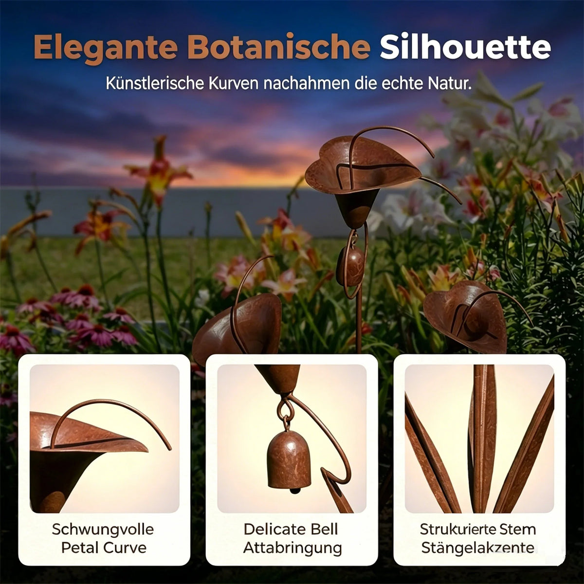 Garden Stake | Calla Lily Design, Flame-Treated Copper & Hanging Bells | 120 cm