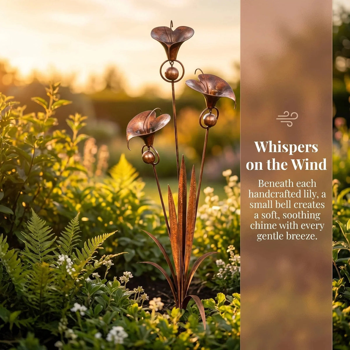 Garden Stake | Calla Lily Design, Flame-Treated Copper & Hanging Bells | 120 cm