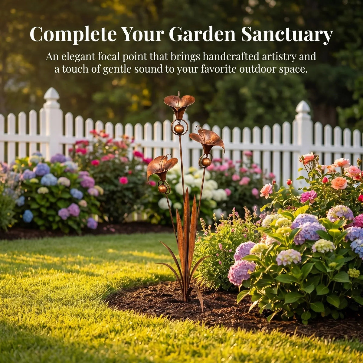 Garden Stake | Calla Lily Design, Flame-Treated Copper & Hanging Bells | 120 cm