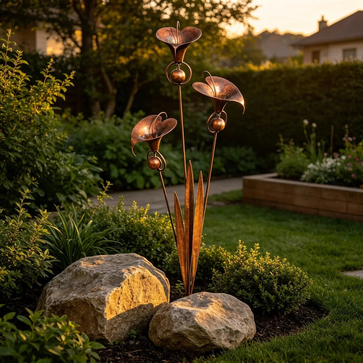Garden Stake | Calla Lily Design, Flame-Treated Copper & Hanging Bells | 120 cm