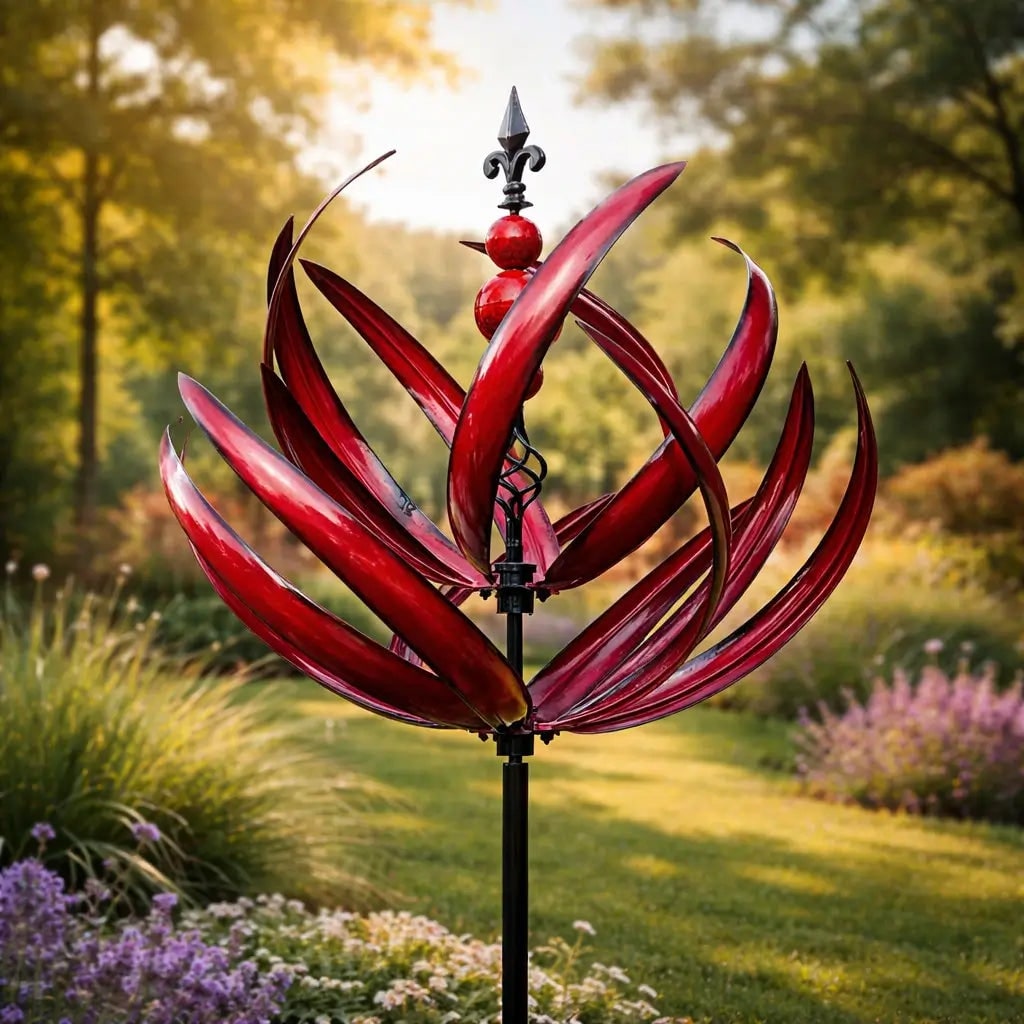 Garden Wind Spinners Metal Lotus Kinetic Rotating with Ground Stake