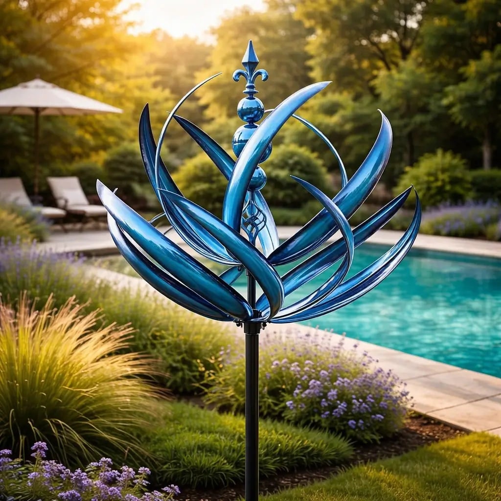 Garden Wind Spinners Metal Lotus Kinetic Rotating with Ground Stake