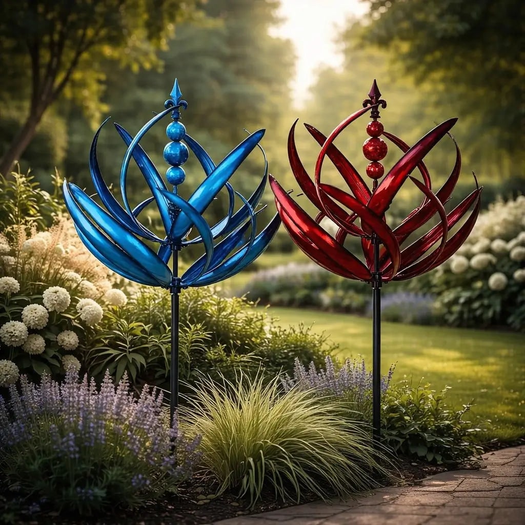 Garden Wind Spinners Metal Lotus Kinetic Rotating with Ground Stake