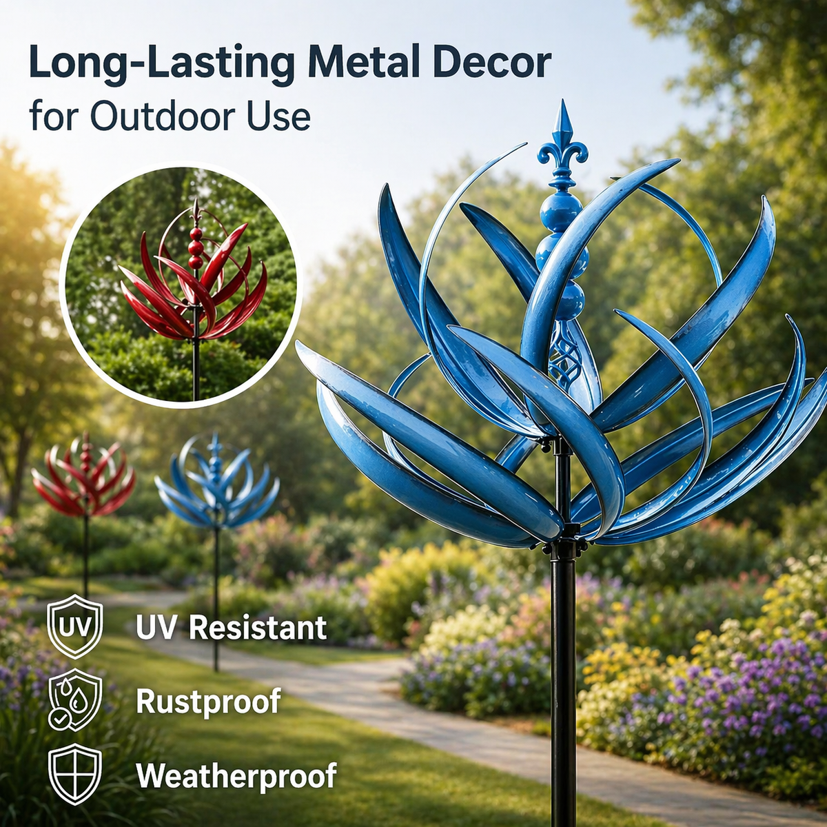 Garden Wind Spinners Metal Lotus Kinetic Rotating with Ground Stake