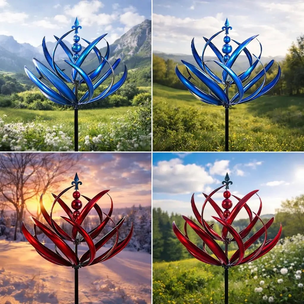 Garden Wind Spinners Metal Lotus Kinetic Rotating with Ground Stake