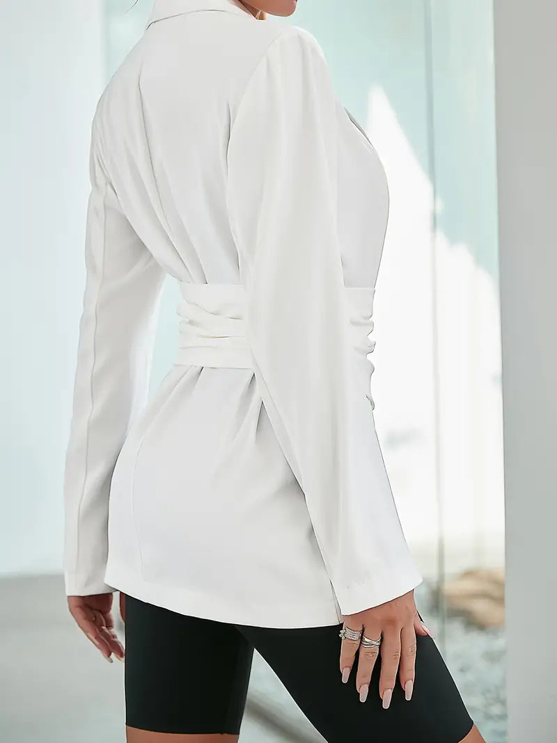 Women’s Asymmetric Wrap Blazer with Buttoned Corset-Style Waist – Elegant Tailored Jacket for Office and Evening Wear
