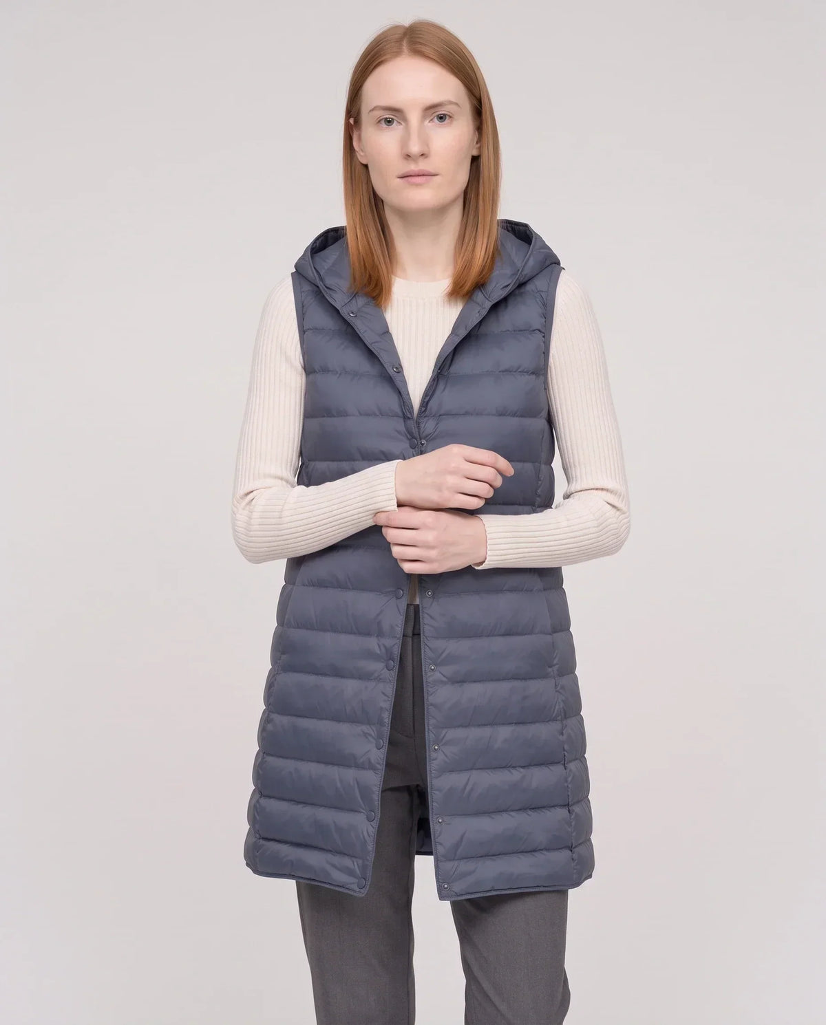 Long Sleeveless Quilted Hooded Gilet