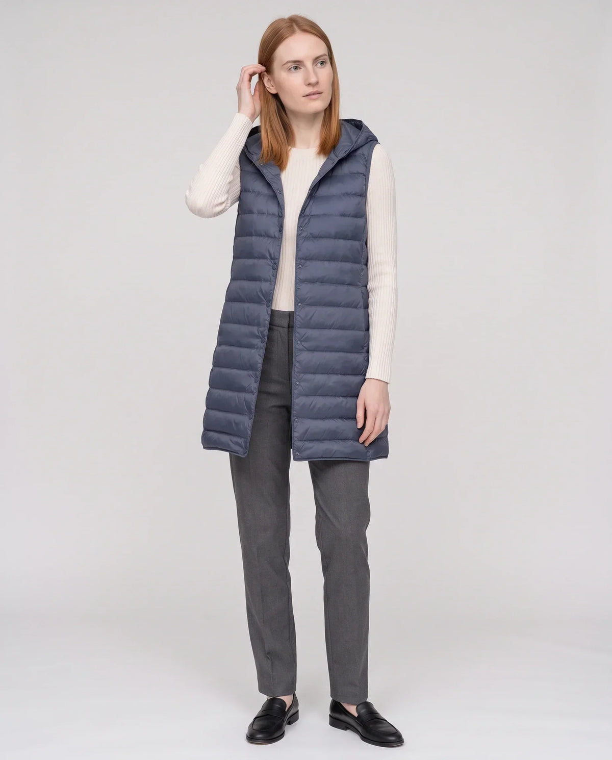 Long Sleeveless Quilted Hooded Gilet