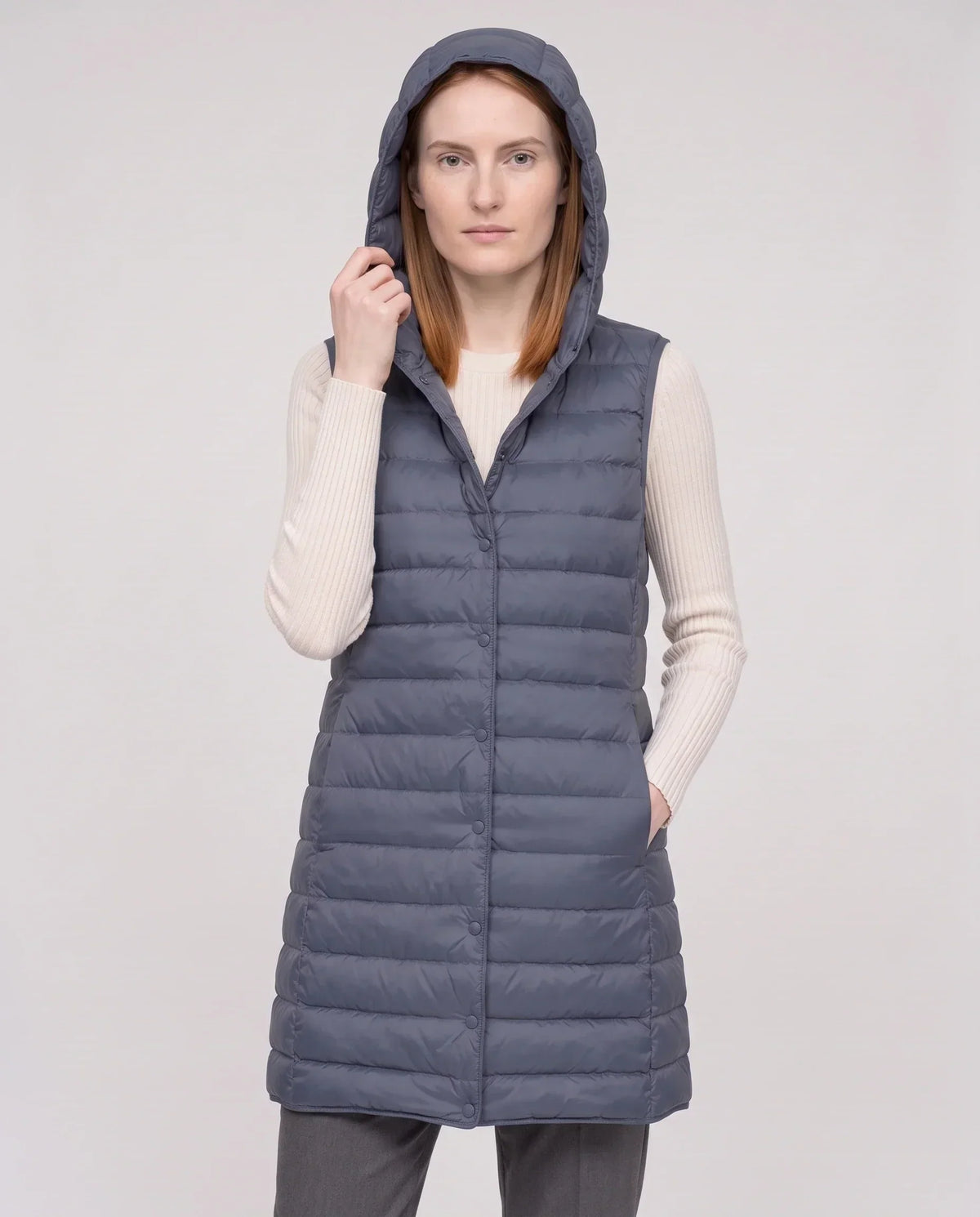 Long Sleeveless Quilted Hooded Gilet