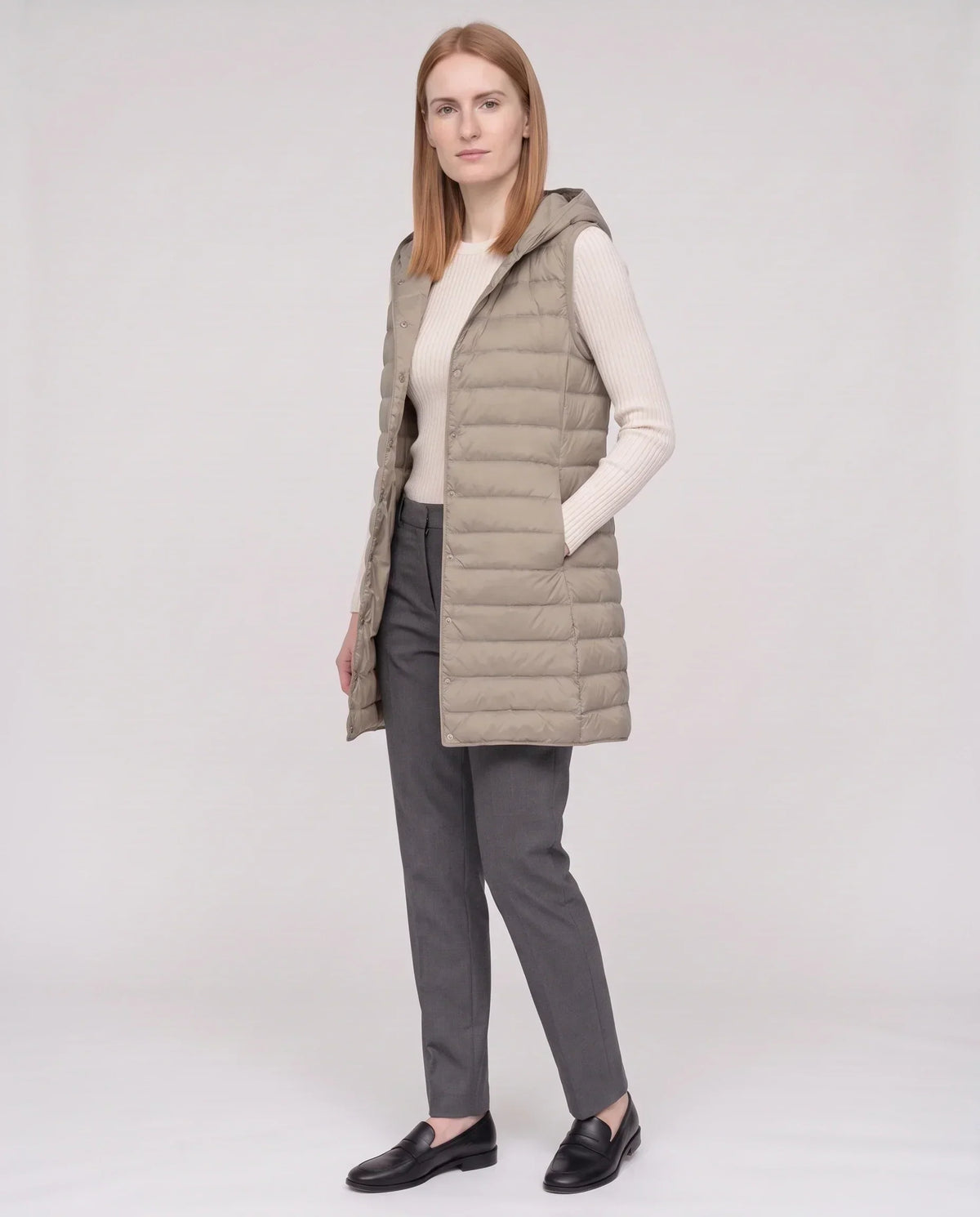 Long Sleeveless Quilted Hooded Gilet