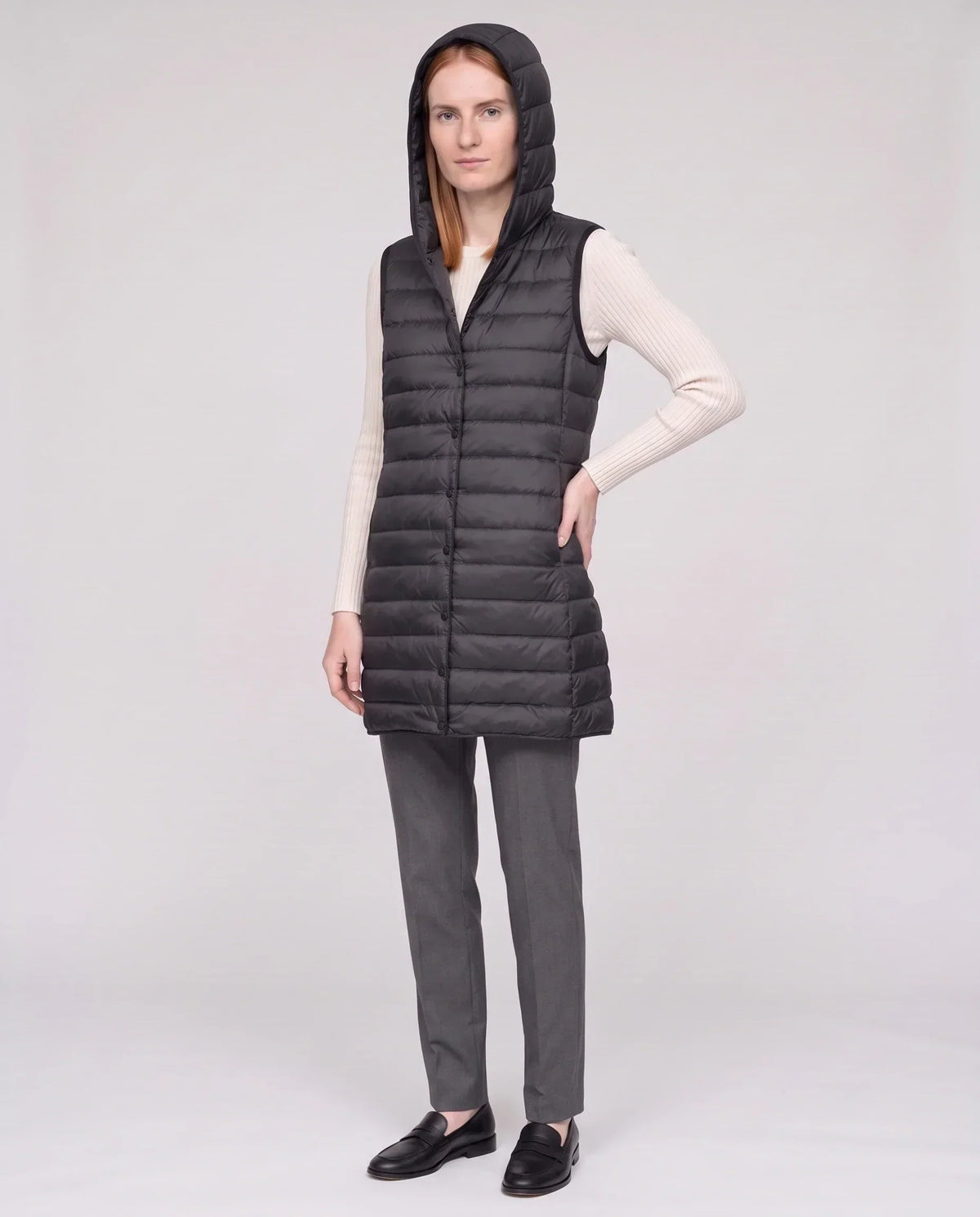 Long Sleeveless Quilted Hooded Gilet